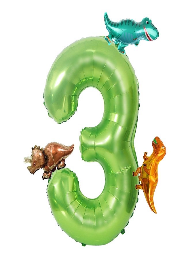 Ysqool Dinosaur Green Number 3 Balloon, 40 In Large Foil Helium Balloon with Mini Dino Mylar Balloons, Dinosaur Birthday Decorations for Kids, Dinosaur Balloons Set for 3rd Birthday Party Supplies (Number 3) - Image 1